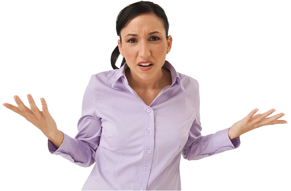 A woman with black hair and purple shirt shrugging shoulders in a confused manner