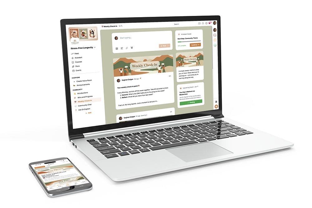 A promotional image showing a laptop and mobile phone on a white background showcasing the Stress-Free Longevity community