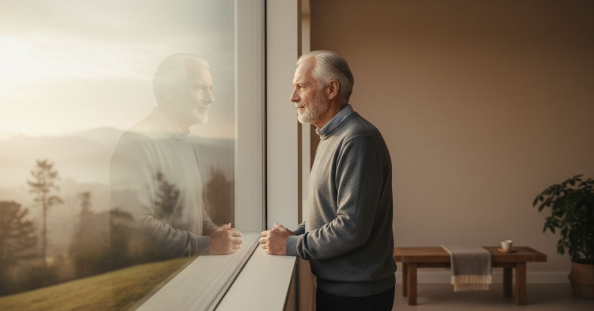 Older man looking thoughtfully out a window, reflecting on time and health