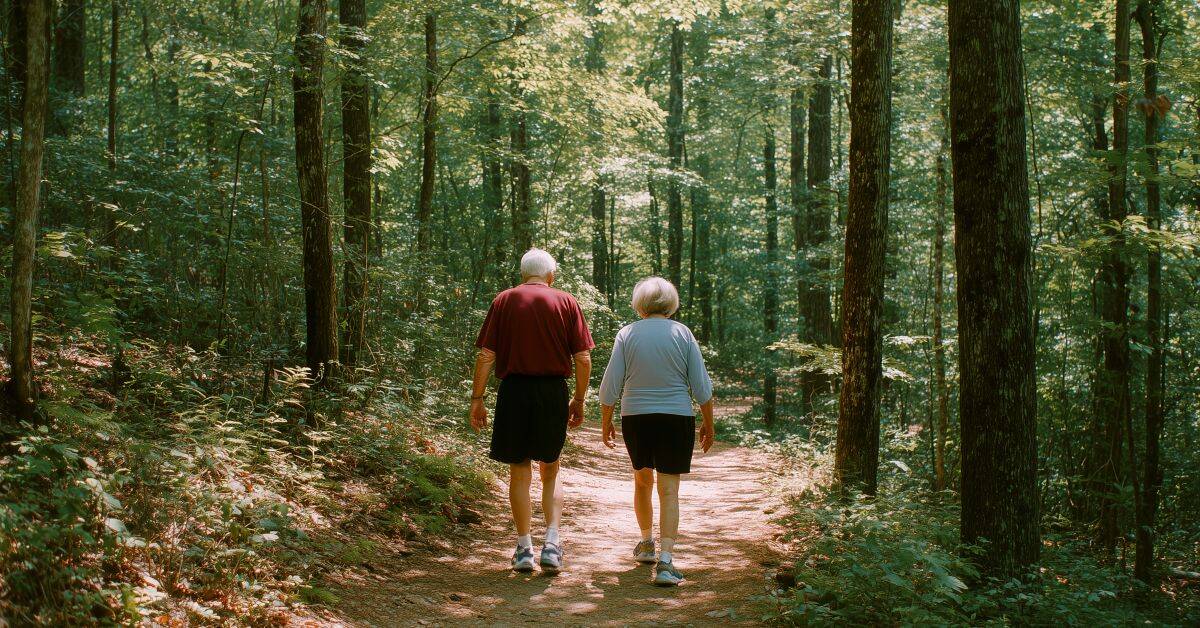 An older couple walking together on a forest path, representing active and healthy ageing