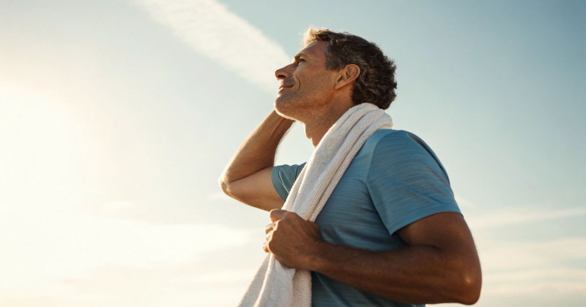 An active middle-aged man outdoors in natural light — cardiometabolic health improves with consistent movement and lifestyle habits
