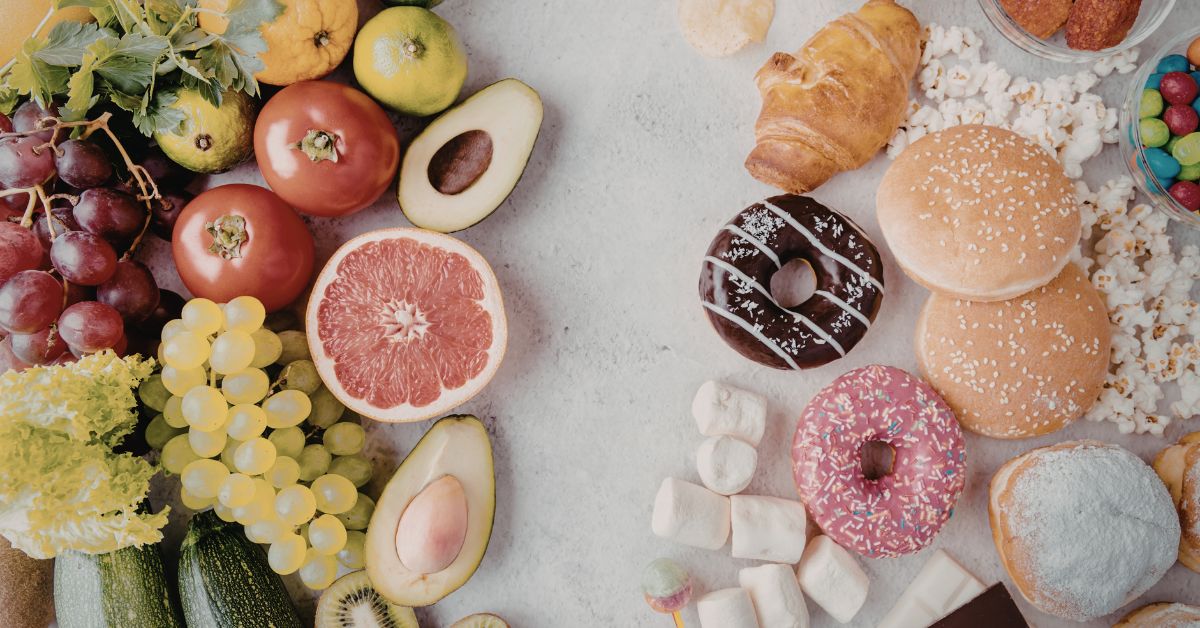 whole-foods-vs-ultra-processed-stressfreelongevity Whole fruits and vegetables compared with ultra-processed foods like doughnuts, buns, and sweets