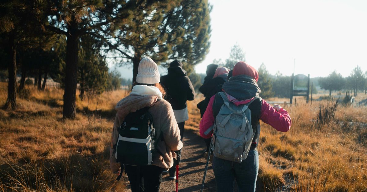 exercise-longevity-walking-outdoors-stressfreelongevity Group of people walking together along a nature trail in morning light