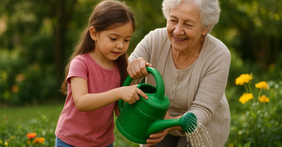 Grandmother and granddaughter watering plants together in a garden