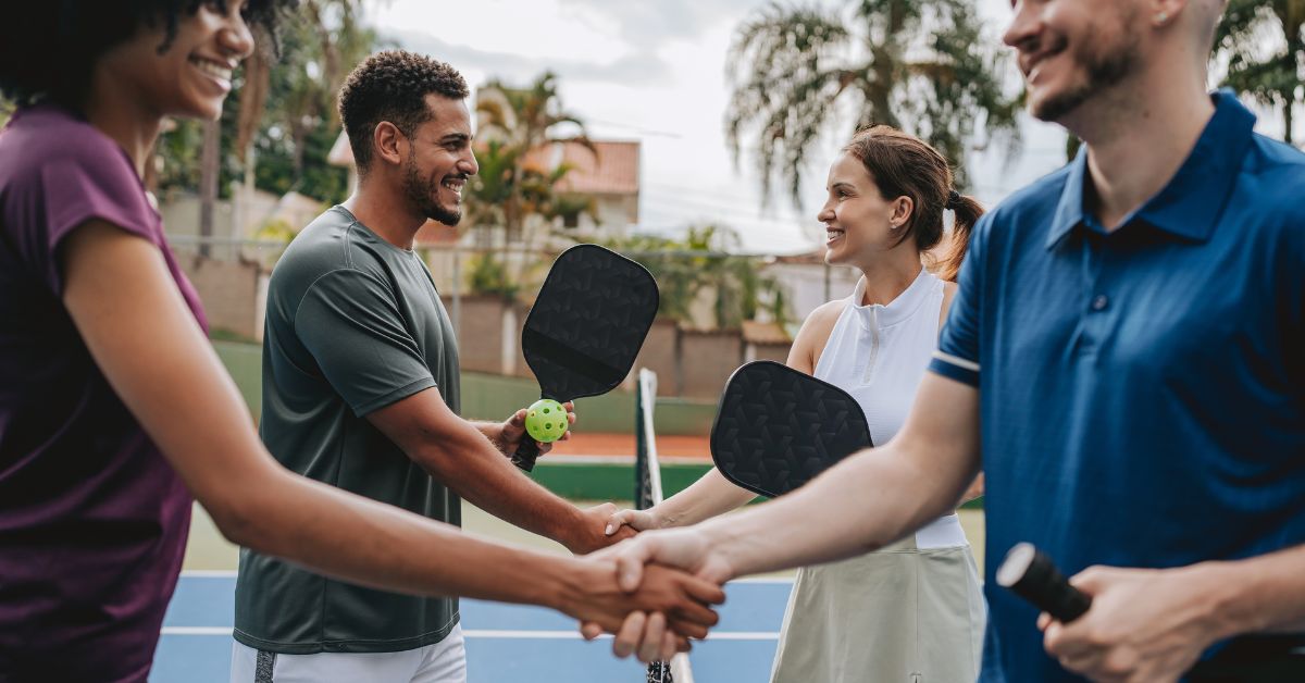 social-exercise-longevity-racquet-sport-stressfreelongevity Friends shaking hands after a game of pickleball — social exercise is linked to longer life