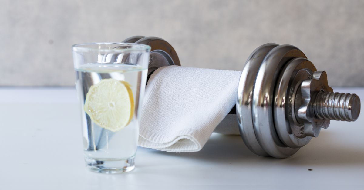A glass of water beside a dumbbell — the daily routine that makes creatine work