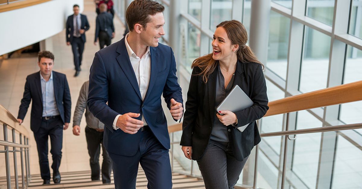 taking-stairs-office-movement-stressfreelongevity Two colleagues walking up stairs in an office building