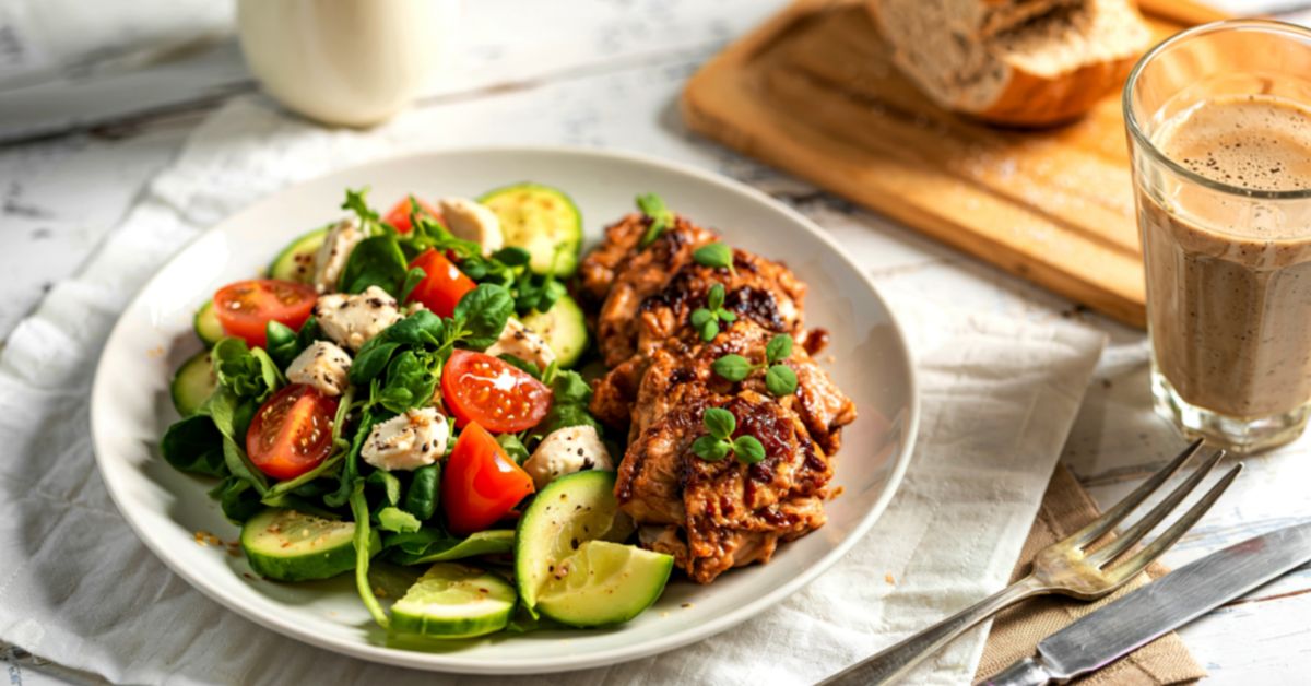 A plate of grilled chicken with a side salad of tomatoes, cucumber, and leaves