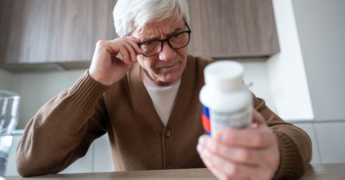 Older man reading the label on a magnesium supplement bottle