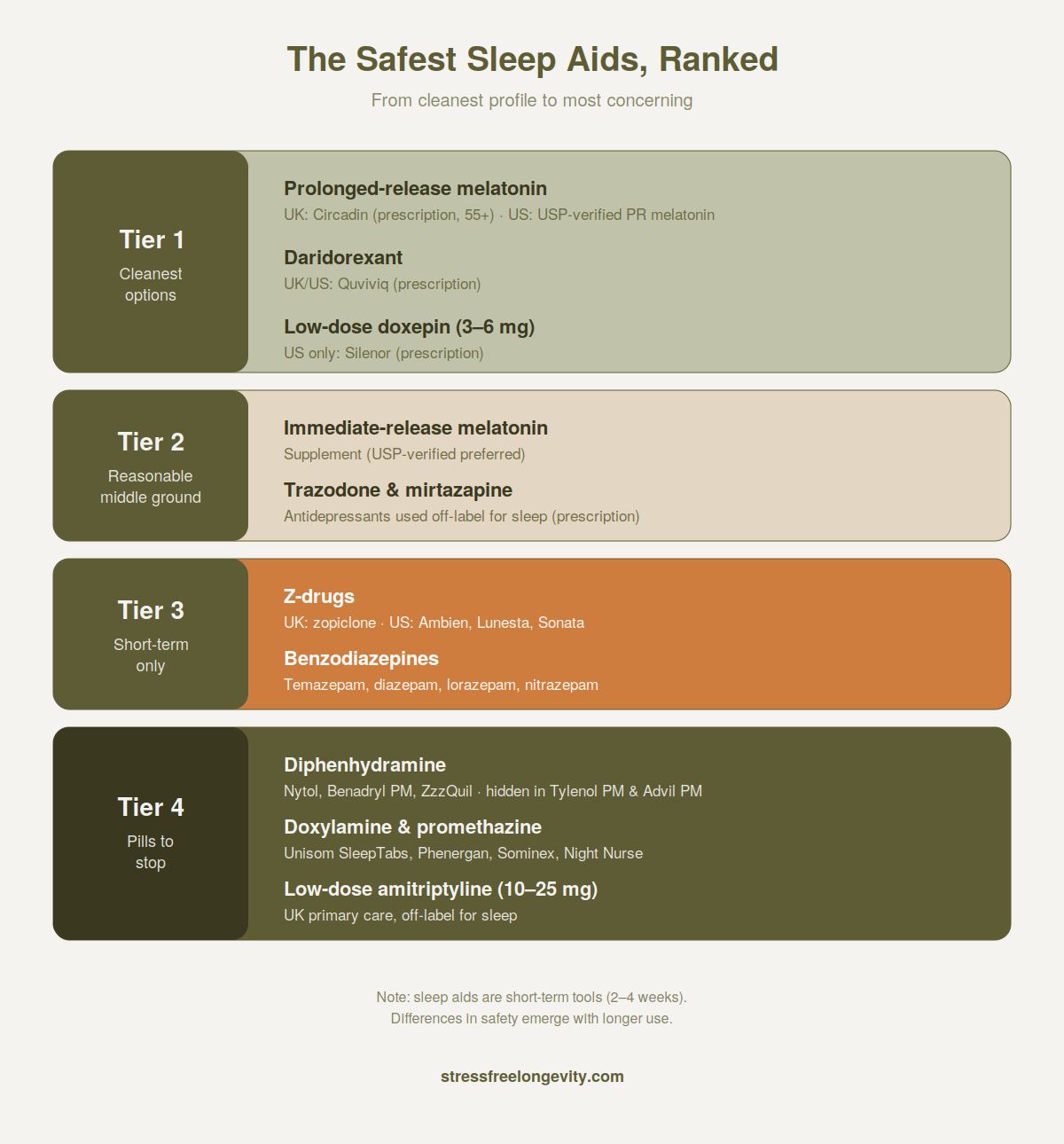safest-sleep-aid-ranking-infographic A four-tier ranking of sleep aids from cleanest options like prolonged-release melatonin down to diphenhydramine antihistamines.