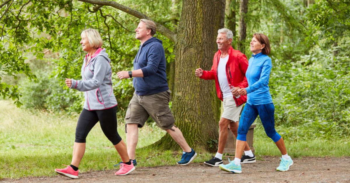 brisk-walk-visceral-fat-stressfreelongevity Four active adults in their fifties walking briskly together along a woodland path
