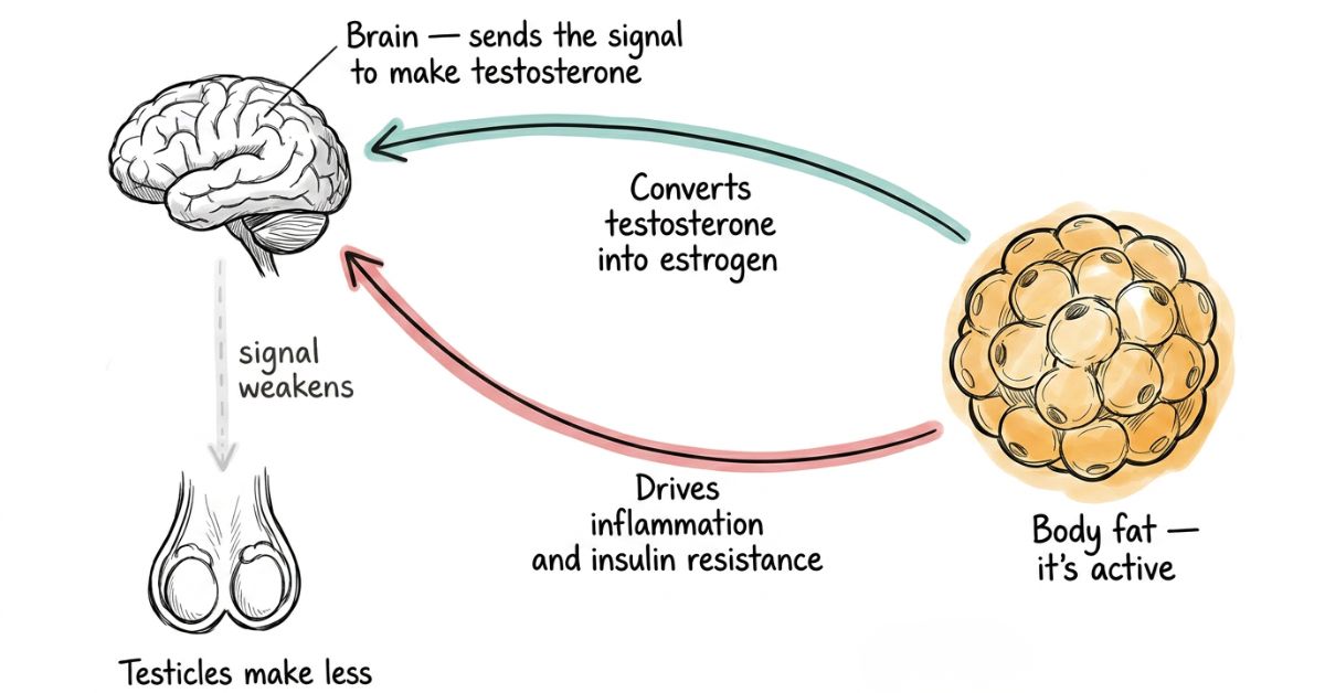 how-fat-lowers-testosterone-cycle-stressfreelongevity How body fat lowers testosterone — fat converts testosterone to oestrogen and weakens the brain's signal