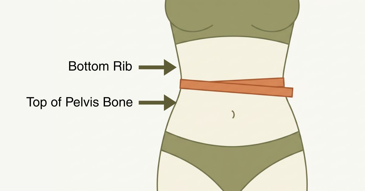 how-to-measure-waist-waist-to-height-ratio Labelled illustration showing where to measure your waist for the waist-to-height ratio — midway between the bottom rib and the top of the pelvis bone.
