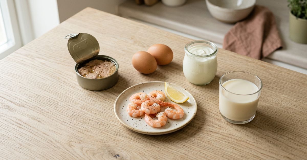 high-protein-foods-glp-1-kitchen-stressfreelongevity Simple high protein foods for GLP-1 users on a kitchen table — tinned tuna, eggs, Greek yogurt, prawns and milk