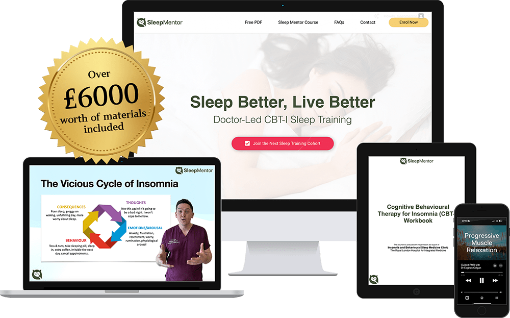 Multiple-Devlcies-sleep-mentor Sleep Mentor course: video lessons, CBT-i workbook and guided relaxation audio on laptop, tablet and phone