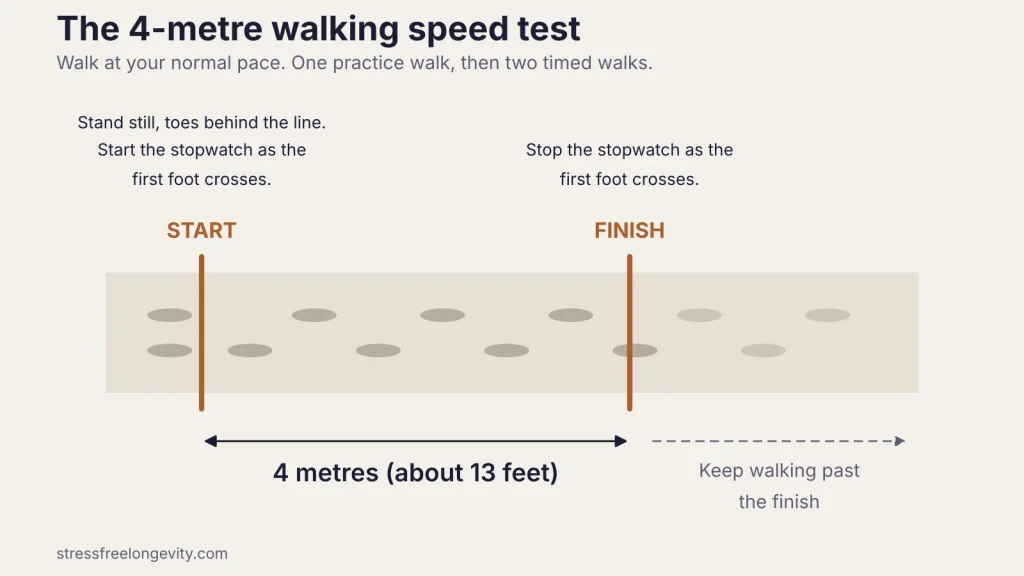 Diagram of the 4-metre walking test: a start line and a finish line 4 metres apart, with the stopwatch started and stopped as the first foot crosses each line