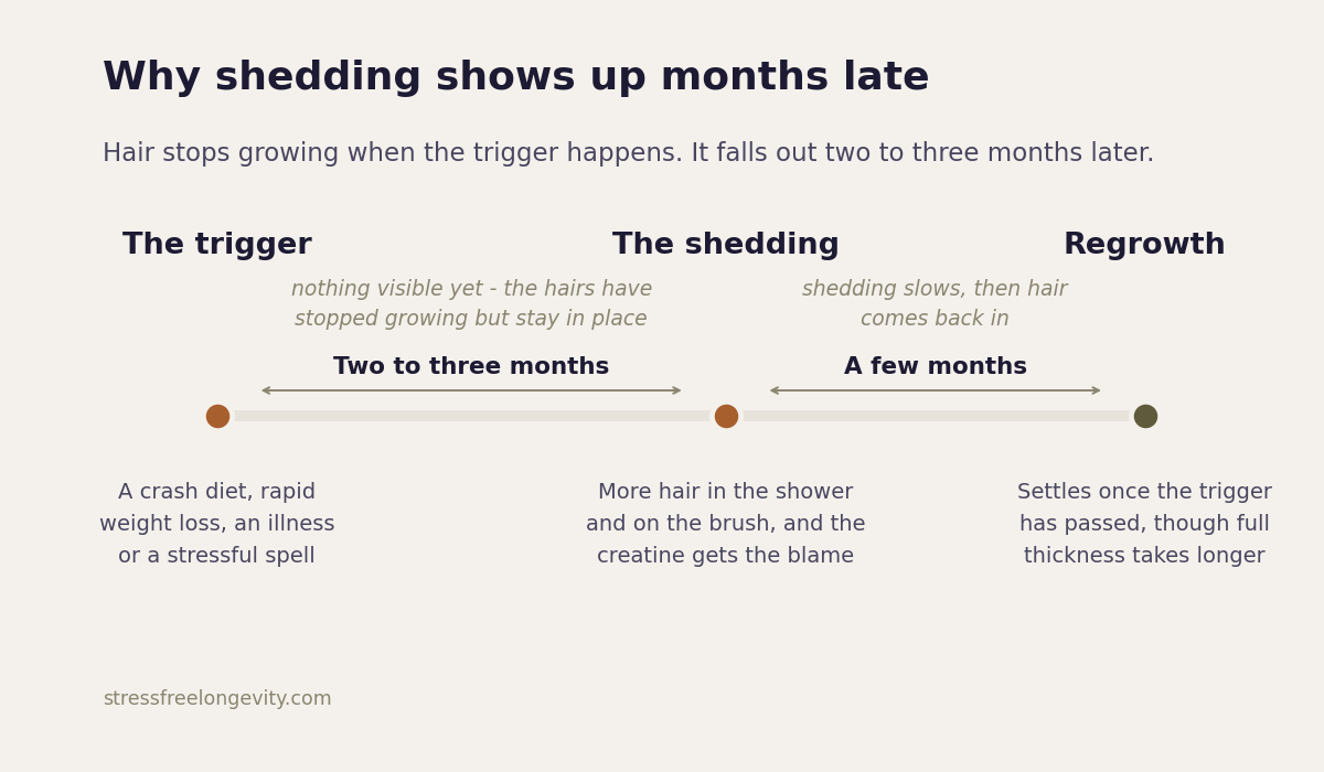 Timeline of hair shedding: a trigger such as a crash diet or illness, then two to three months with nothing visible while the hairs stay in place, then the shedding, then regrowth over the following months